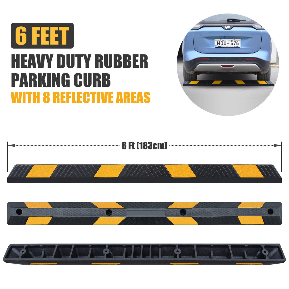 Heavy Duty Rubber Parking Curb with Beads Reflector - Side View | Besea Cone