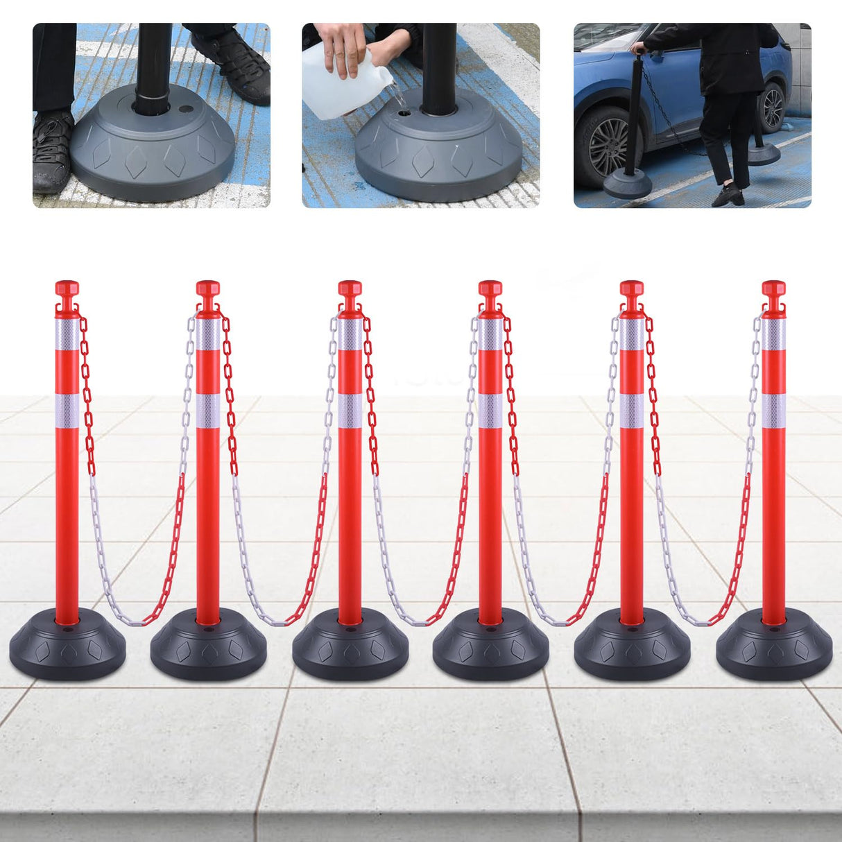 6-Pack Work Zone Safety Chain Post Set - High Visibility - Top View | Besea Cone