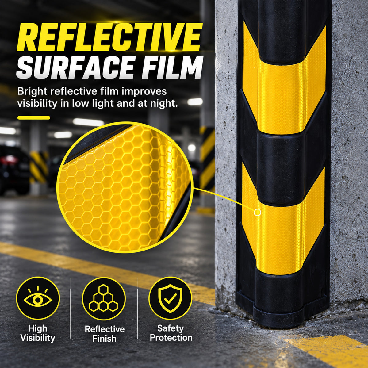 Protector de esquinas, amortiguador reflectante negro y amarillo para esquinas de pared de 80 cm con orificios pretaladrados