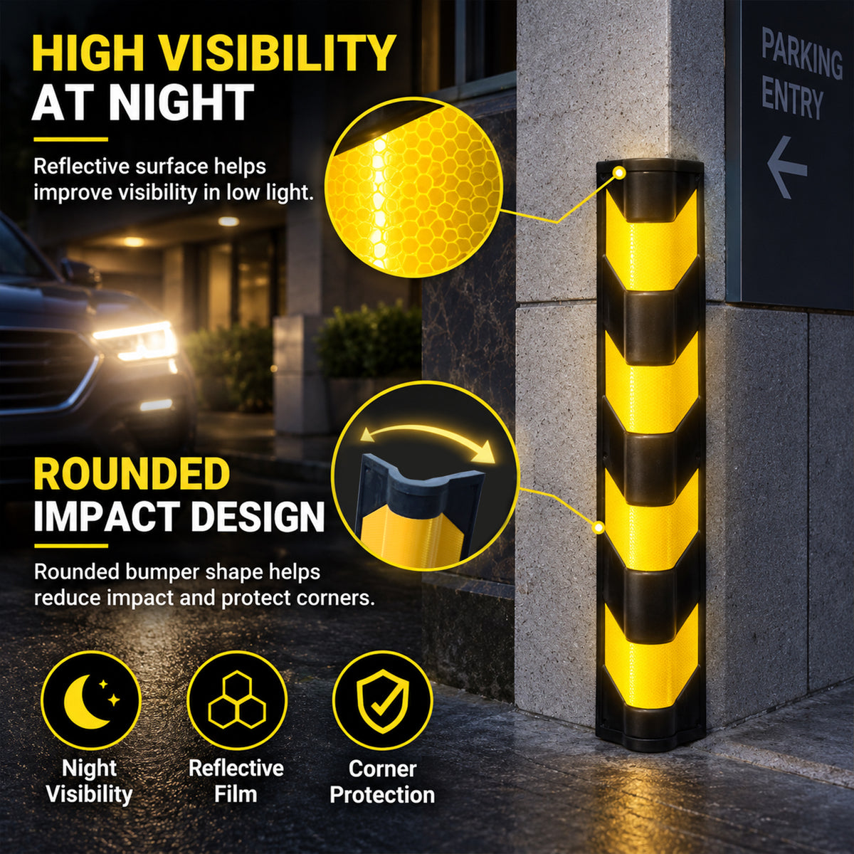 Protector de esquinas, amortiguador reflectante negro y amarillo para esquinas de pared de 80 cm con orificios pretaladrados