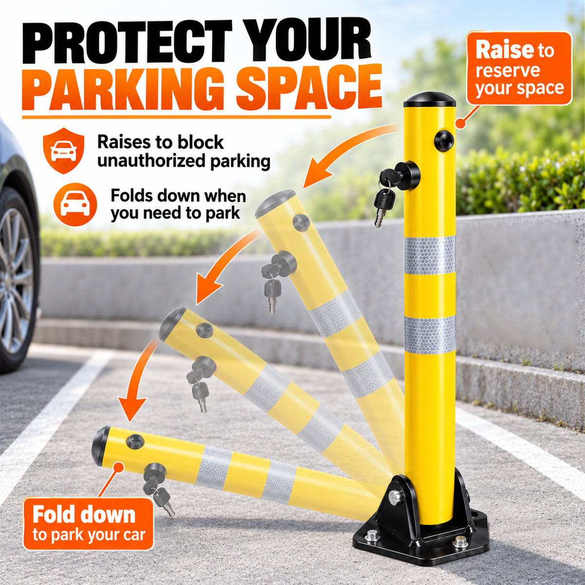 Fold Down Parking Bollard with Lock, Keys and Reflective Strips