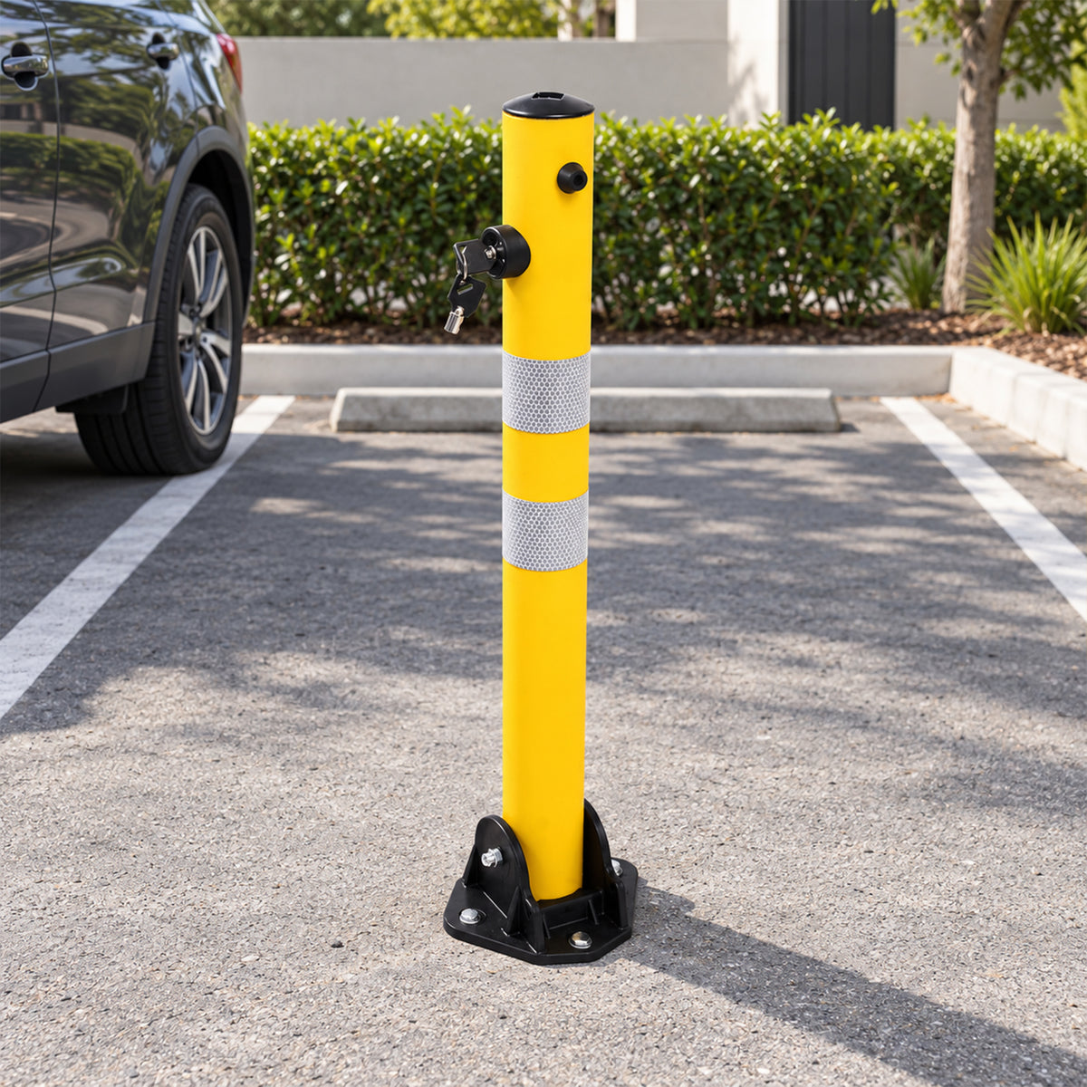Fold Down Parking Bollard with Lock, Keys and Reflective Strips