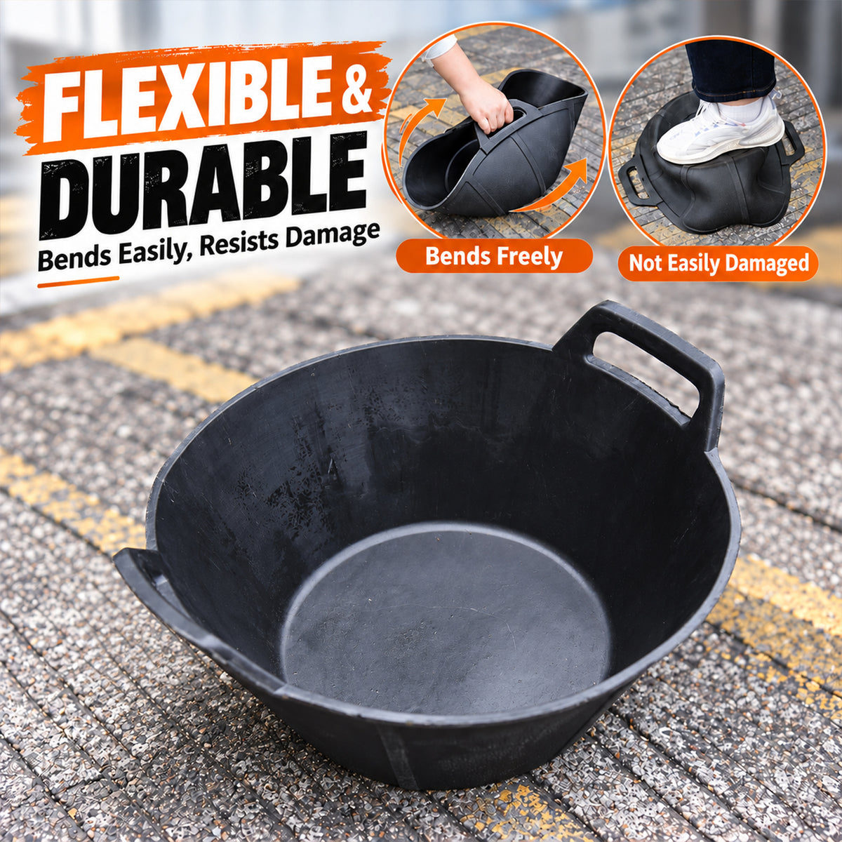 Flexible black rubber utility tub with two integrated handles - supplied in an 8-pack