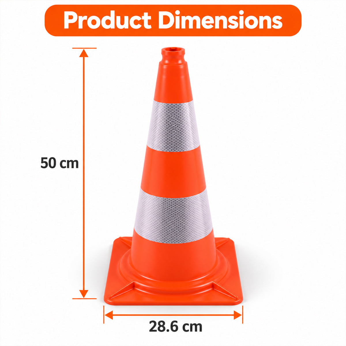 50 cm orange traffic cone with two reflective collars and a square base - supplied in a 10-pack