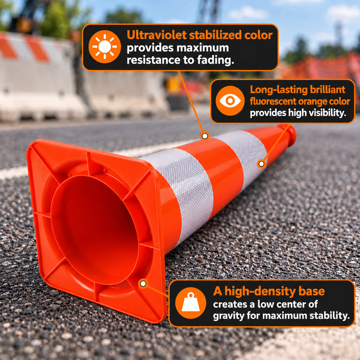 50 cm orange traffic cone with two reflective collars and a square base - supplied in a 10-pack