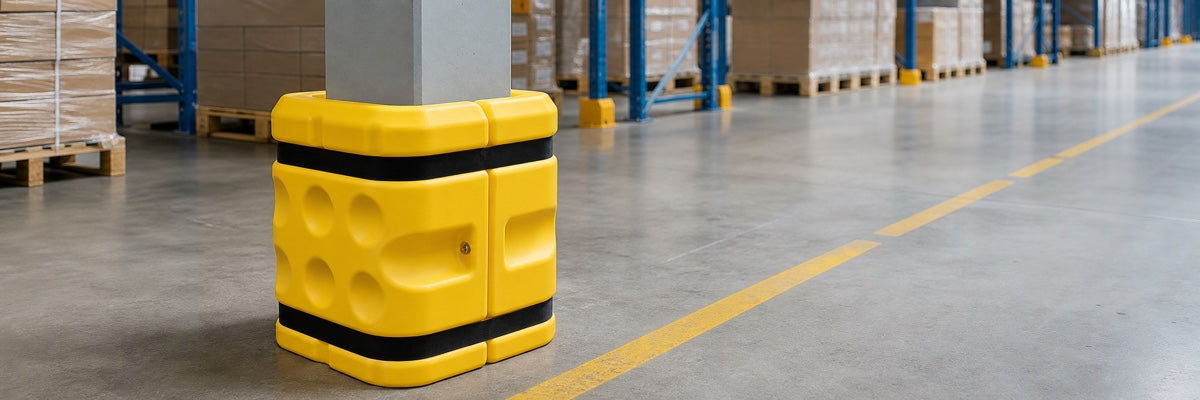 Yellow heavy-duty column protector fitted around a square column in a professional warehouse aisle