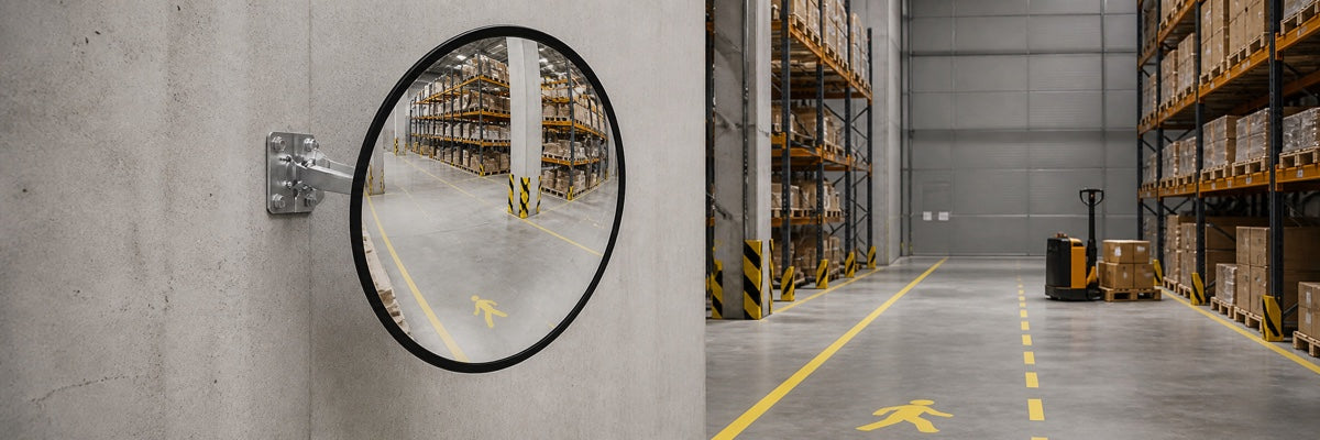 Round wall-mounted convex mirror providing a view around a blind warehouse intersection