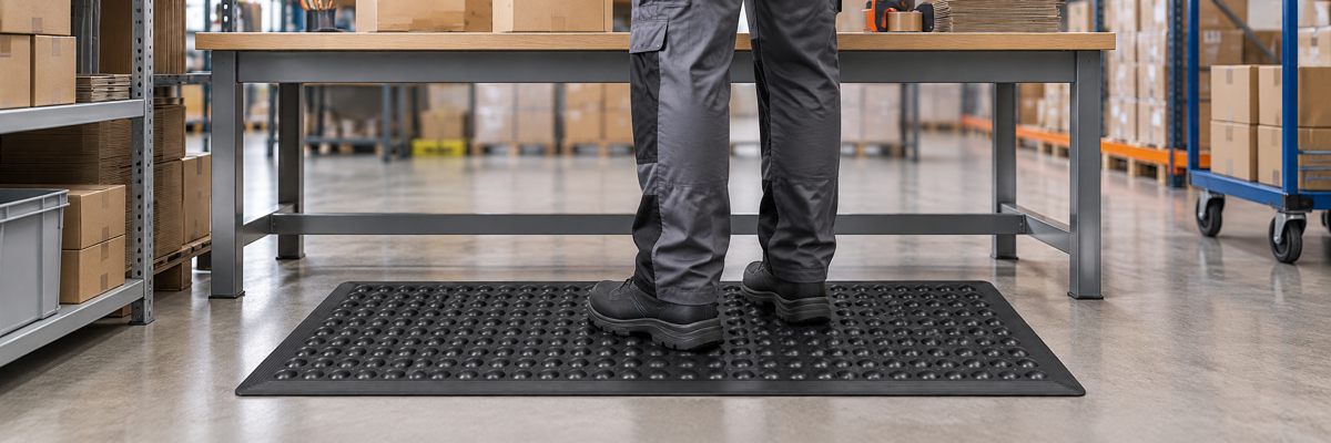 Black rubber bubble anti-fatigue mat at a warehouse packing workstation