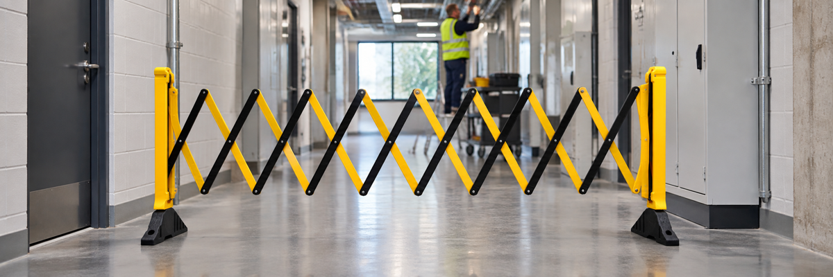 Yellow and black expandable safety barrier across a maintenance corridor