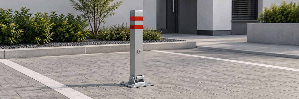Concept illustration of an upright silver parking post with two red bands and a hinged base in a private parking bay