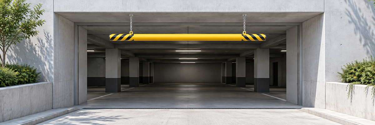 Concept illustration of a yellow clearance warning bar suspended before a private garage entrance