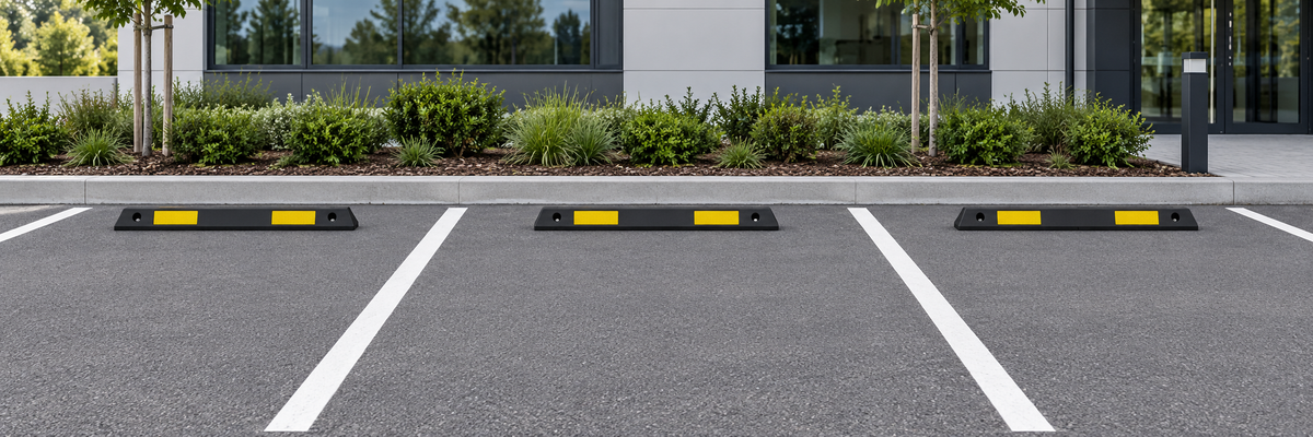 Illustrated private car park with black and yellow rubber wheel stops inside marked bays