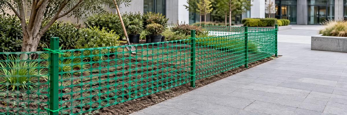 Green plastic safety mesh separating a landscaped work area from a pedestrian path