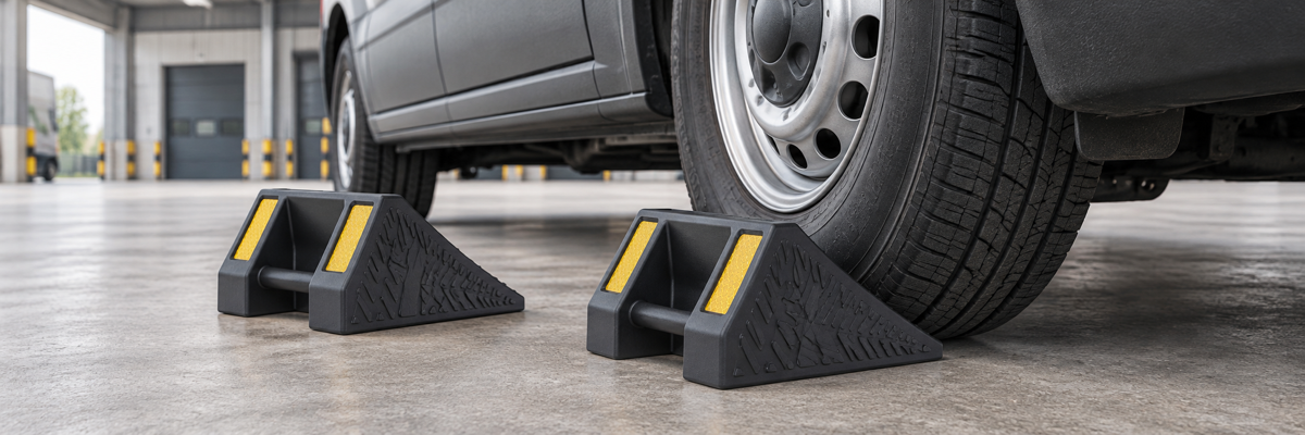 Rubber wheel chocks beside a stationary van wheel in a covered logistics bay