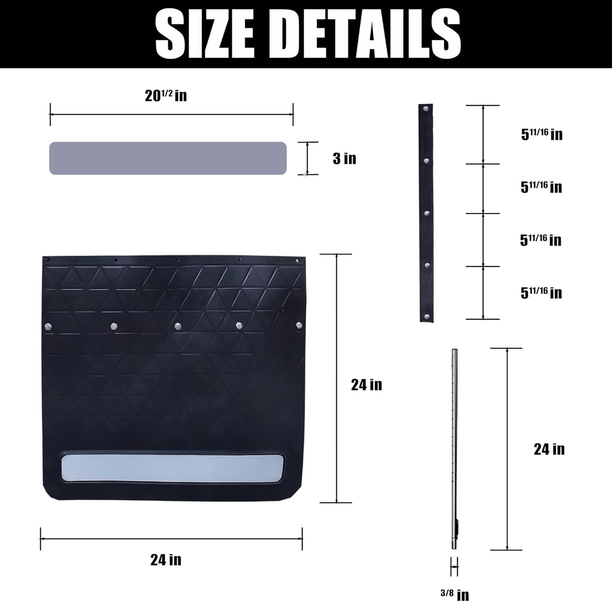 2-Pack Adjustable Hitch Mud Flaps, Heavy-Duty Rubber, - Dimensions | Besea Cone