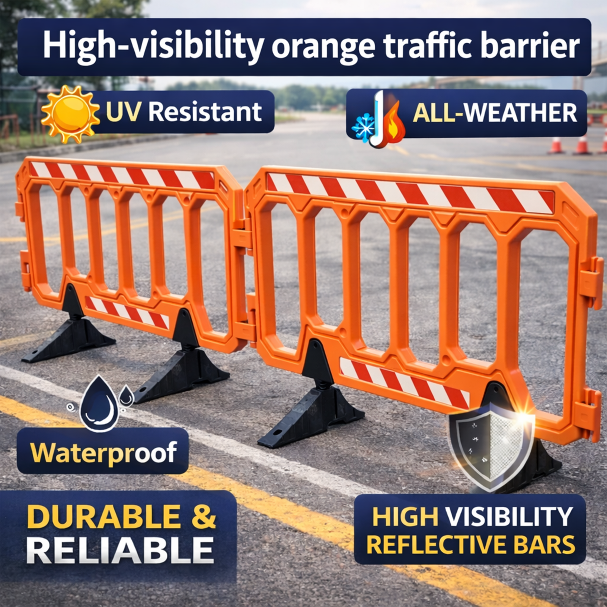 152 CM Orange Connectable Crowd Barrier with Rubber Base - Side View | Besea Cone