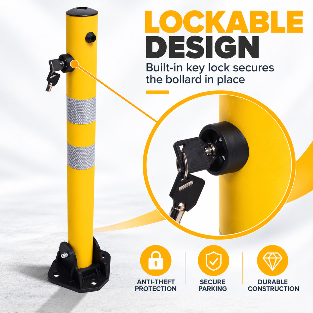 Fold Down Parking Bollard with Lock, Keys and Reflective Strips