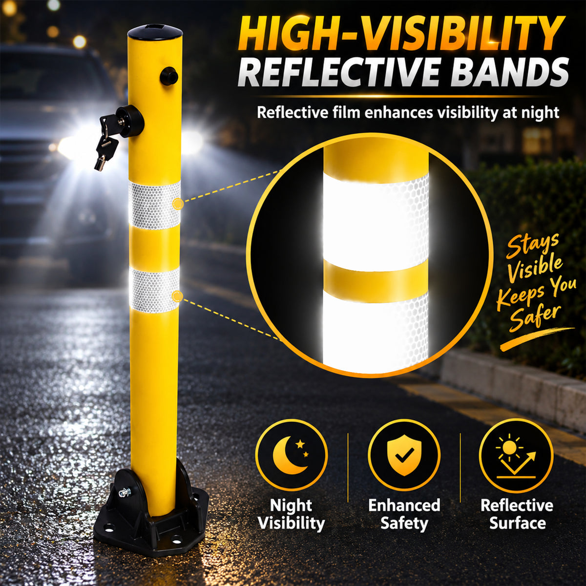Fold Down Parking Bollard with Lock, Keys and Reflective Strips