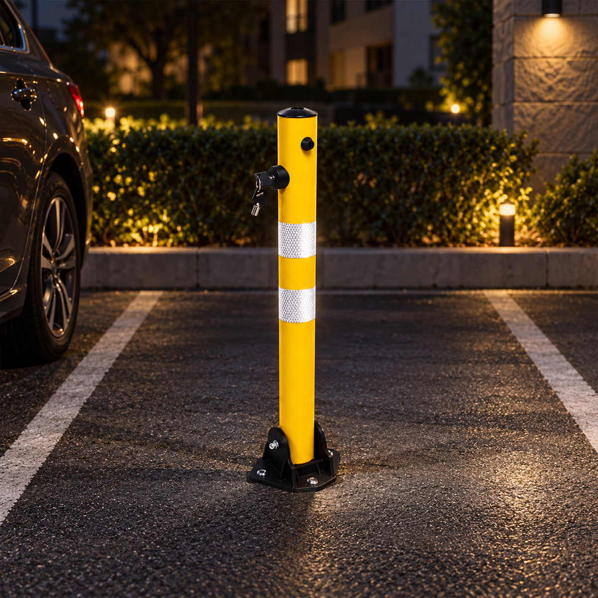 Fold Down Parking Bollard with Lock, Keys and Reflective Strips