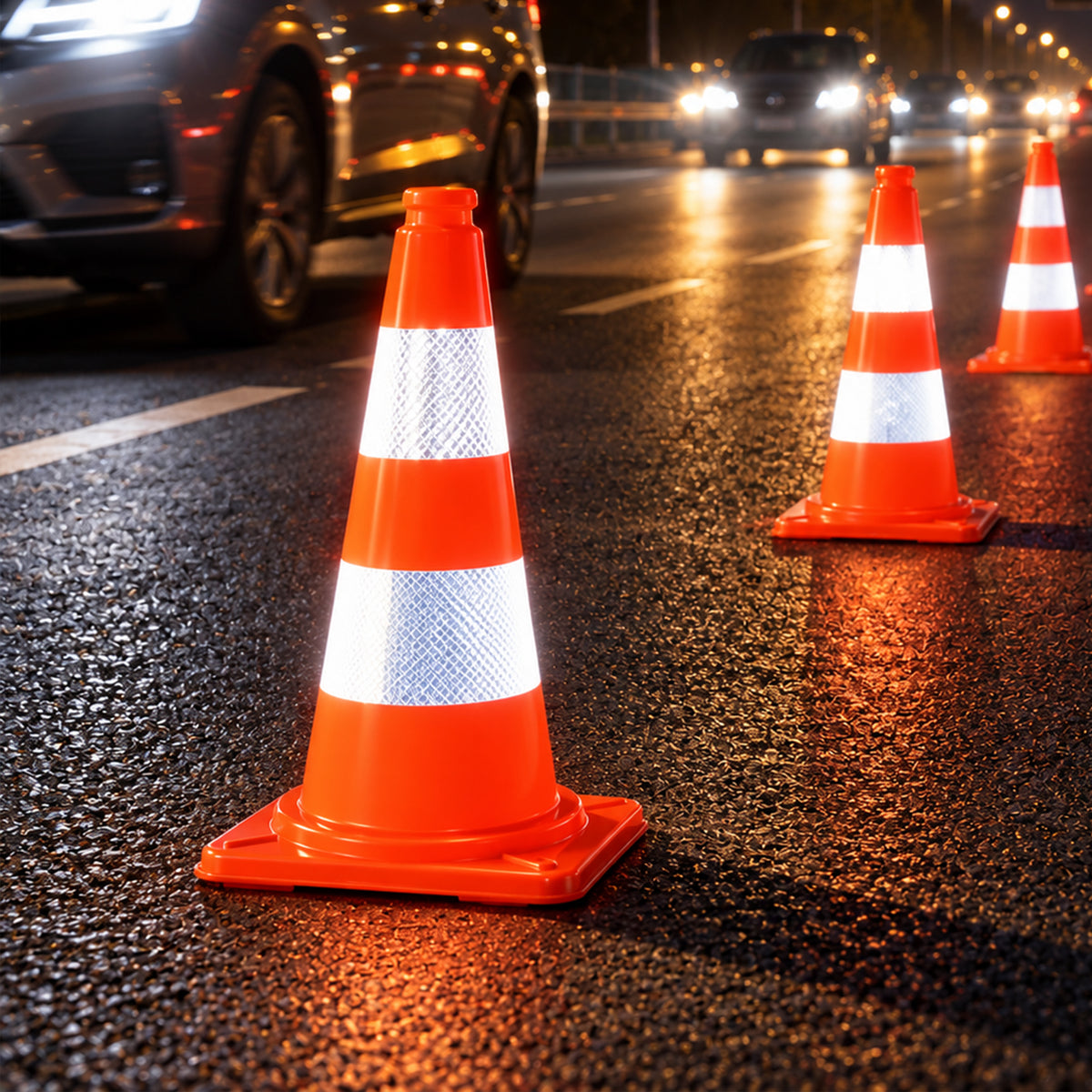 50 cm orange traffic cone with two reflective collars and a square base - supplied in a 10-pack
